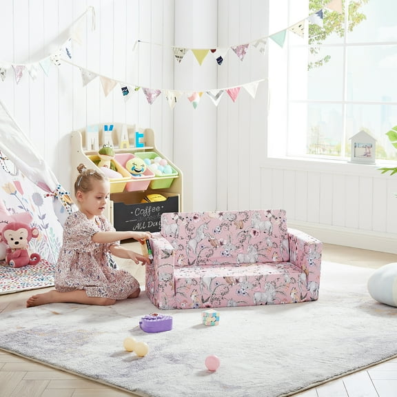 Ulax Furniture Convertible 2-in-1 Flip Open Kids Loveseat/ Couch/ Sleeper Sofa (Pink Unicorn)
