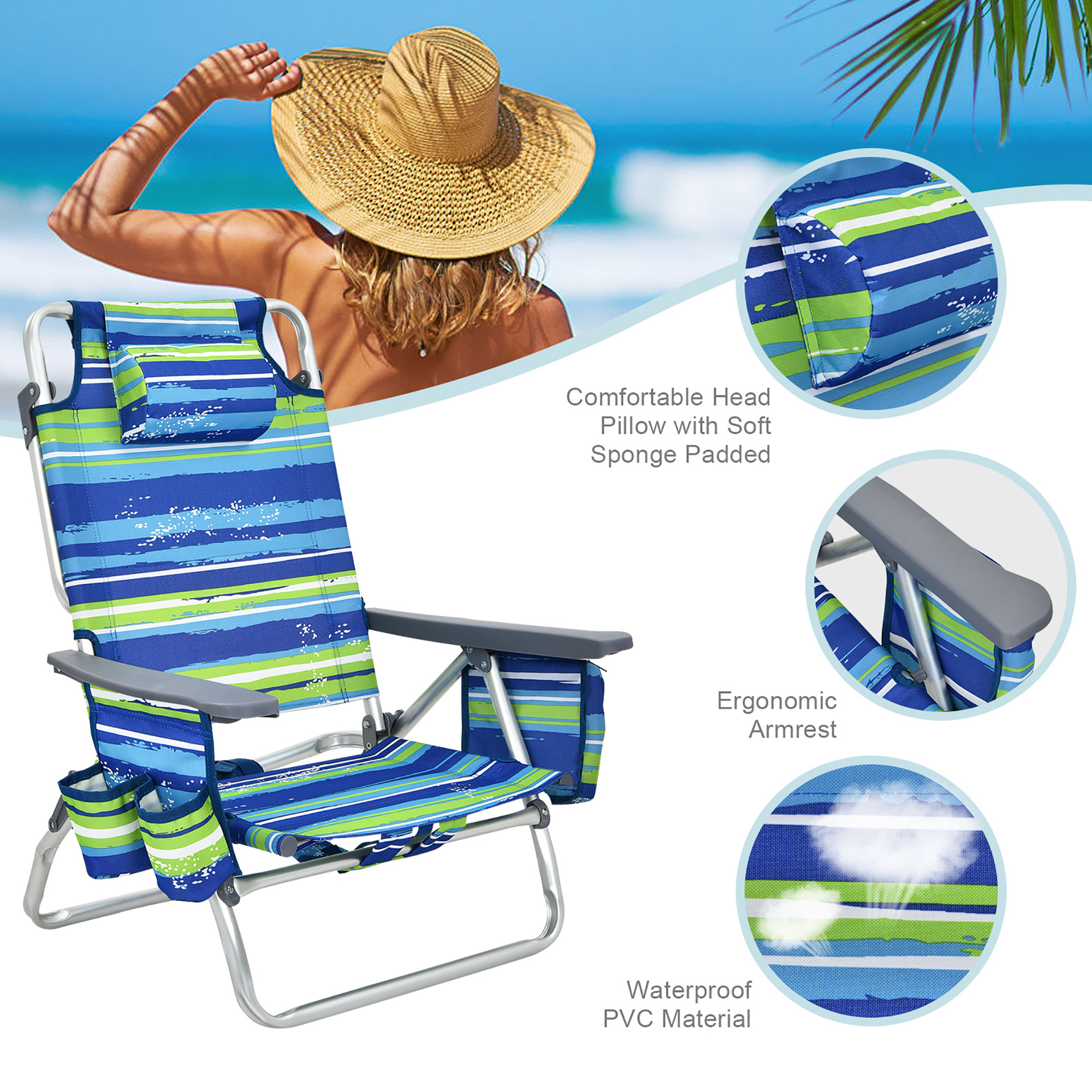Costway 2-Pack Folding Backpack Beach Chair 5-Position Outdoor Reclining Chairs w/Pillow Blue - image 5 of 10
