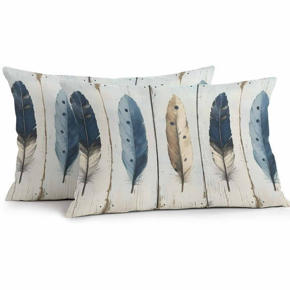 Farmhouse Feather Waterproof Outdoor Throw Pillow Covers 12''x20'' Pack 2, Pillow Cases Throw Cushion Cover with Zipper, Watercolor Vintage Wooden Grain Washable Pillowcase for Poolside Sofa