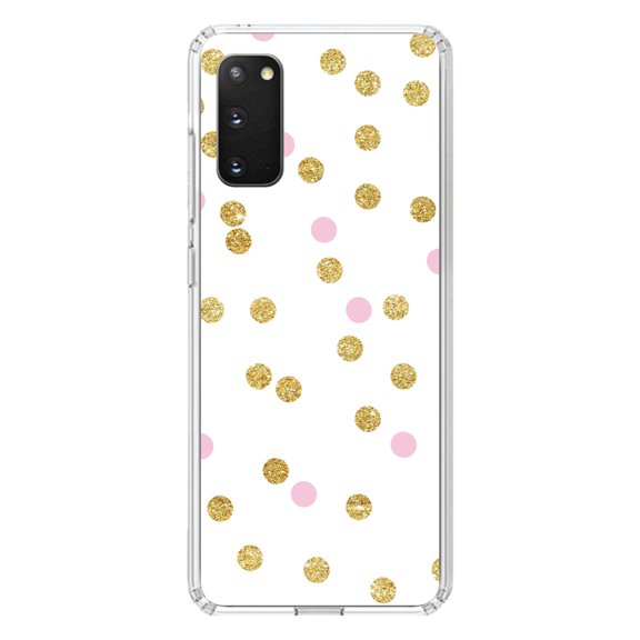 DistinctInk Clear Shockproof Hybrid Case for Galaxy S20 / S20 5G (6.2" Screen) - TPU Bumper, Acrylic Back, Tempered Glass Screen Protector - Pink & Gold Print - White / Pink / Gold Dots Pattern