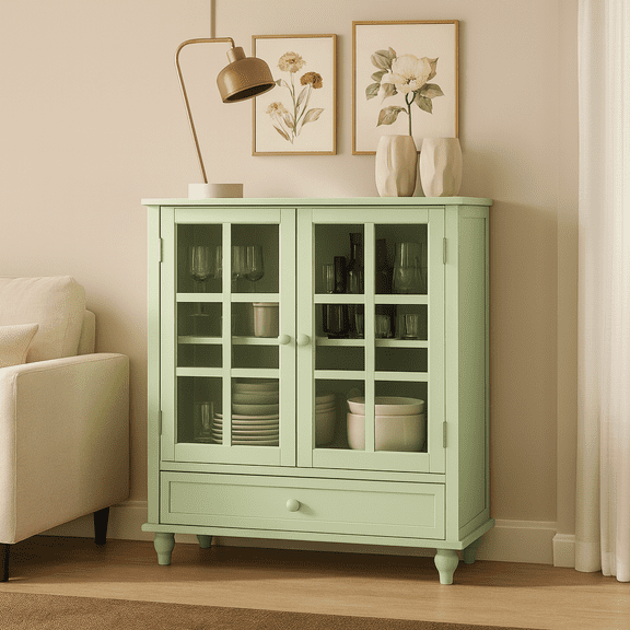 Minimalism Buffet Cabinet with Double Glass Doors and Drawer, Modern Wooden Storage Sideboard Cupboard for Living room, Dining Room Hallway Entryway (Mint Green)