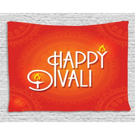 Diwali Decor Tapestry, Happy Diwali Wish Festive Celebration Candles Fires Paisley Backdrop Print, Wall Hanging for Bedroom Living Room Dorm Decor, 60W X 40L Inches, Red and White, by