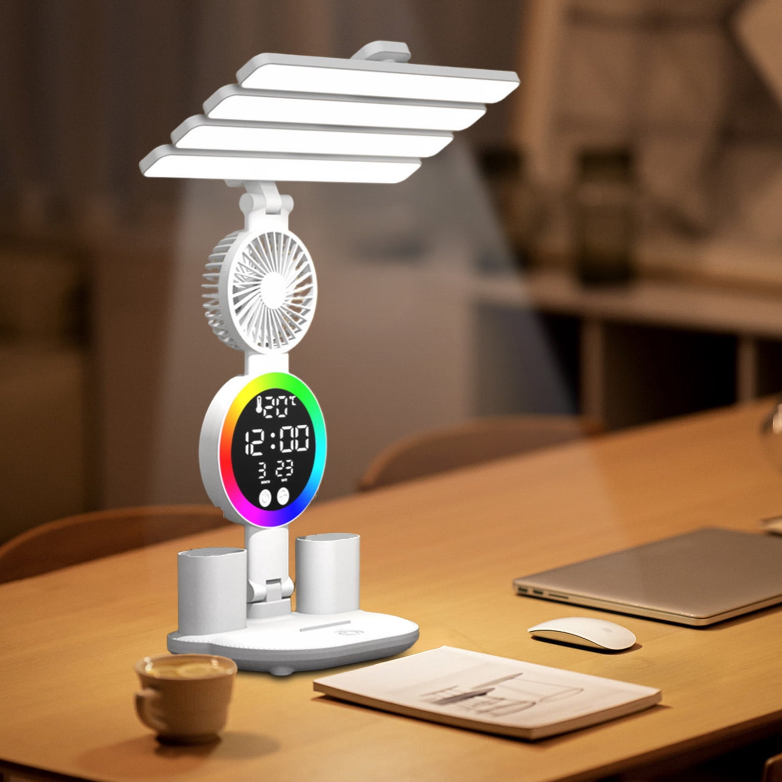 Kumdkd Rechargeable LED Desk Lamp with Fan & Clock - 5-in-1 RGB Study Lamp for Dorm Room | Foldable Computer Desk Light with Temperature Display & Pen Holders (White)