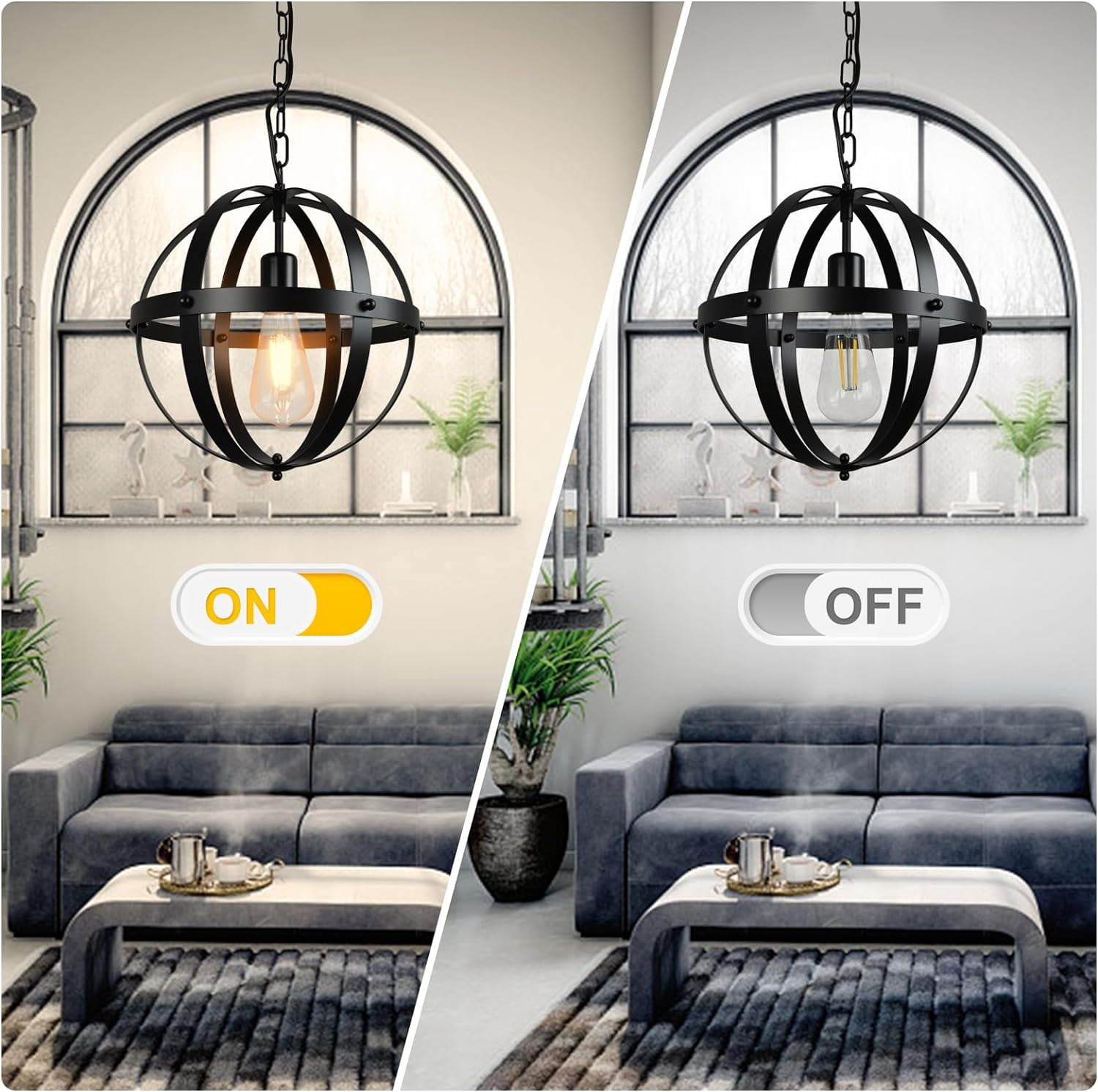 DingLiLighting Vintage Globe Pendant Hanging Light, Flush Mount Ceiling Chandelier Lamp with Metal Spherical Shade for Living Room Dining Kitchen Island Hallway Bedroom,E26 Base Matte Black
