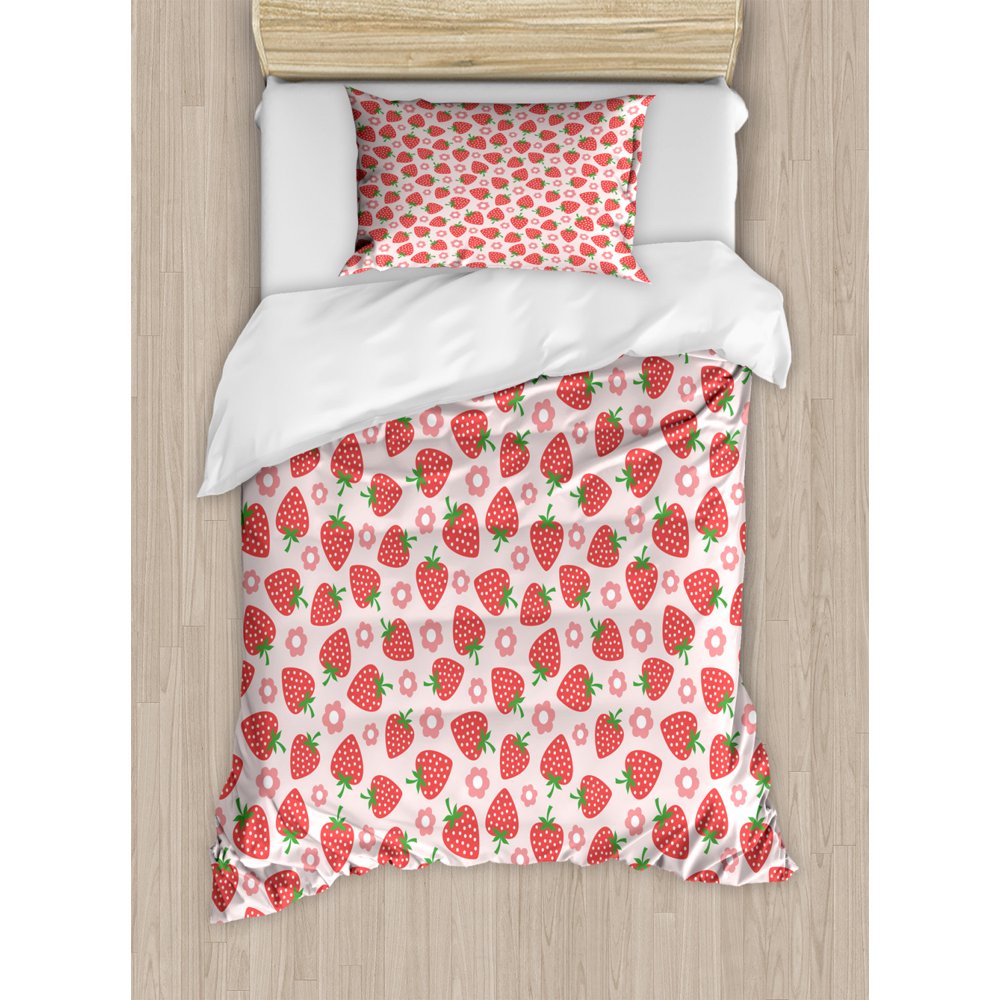 Strawberry Twin Size Duvet Cover Set, Retro Style Pattern with Graphic