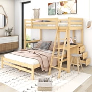 EUROCO Twin over Full Bunk Bed with Desk and Drawers, Natural