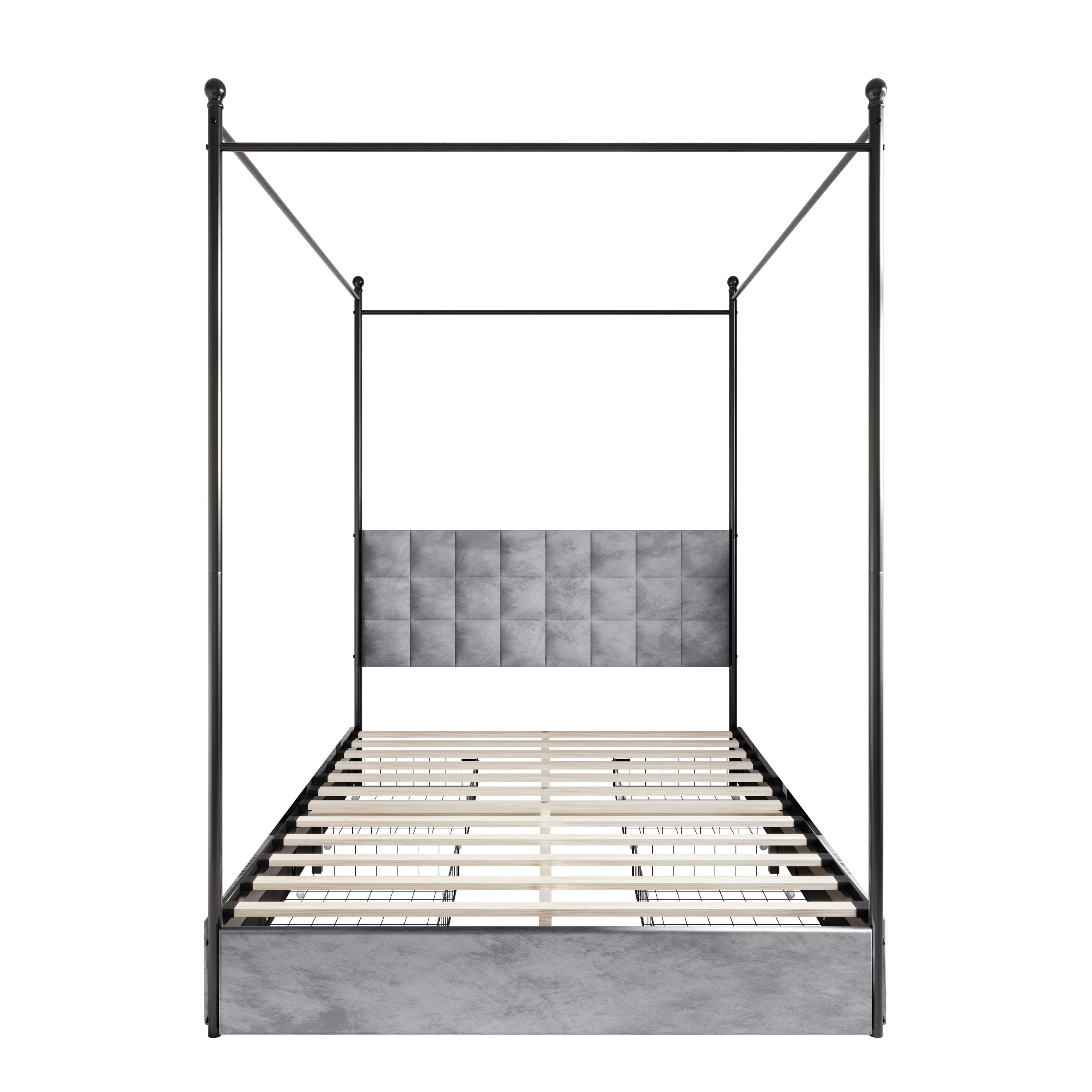 Home Design Hobart King Upholstered Metal Storage Canopy Bed Frame with Square-Tufted Headboard and Four Under-Bed Drawers, Silver Gray, Easy Assembly