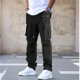 thumbnail image 5 of Men's Cargo Straight Leg Pants, Loose Solid Elastic Drawstring Waist Casual Outdoor Athletic Trousers with Multi-Pocket Black M, 5 of 6