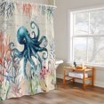 thumbnail image 4 of Sea Octopus Shower Curtain, Vintage Watercolor Ocean Animals Corals Seaweed Newspaper Texture Waterproof Shower Curtain Set with 12 Hooks Lightweight Bath Curtains Fabric Bathroom Decor 72x84 Inches, 4 of 9