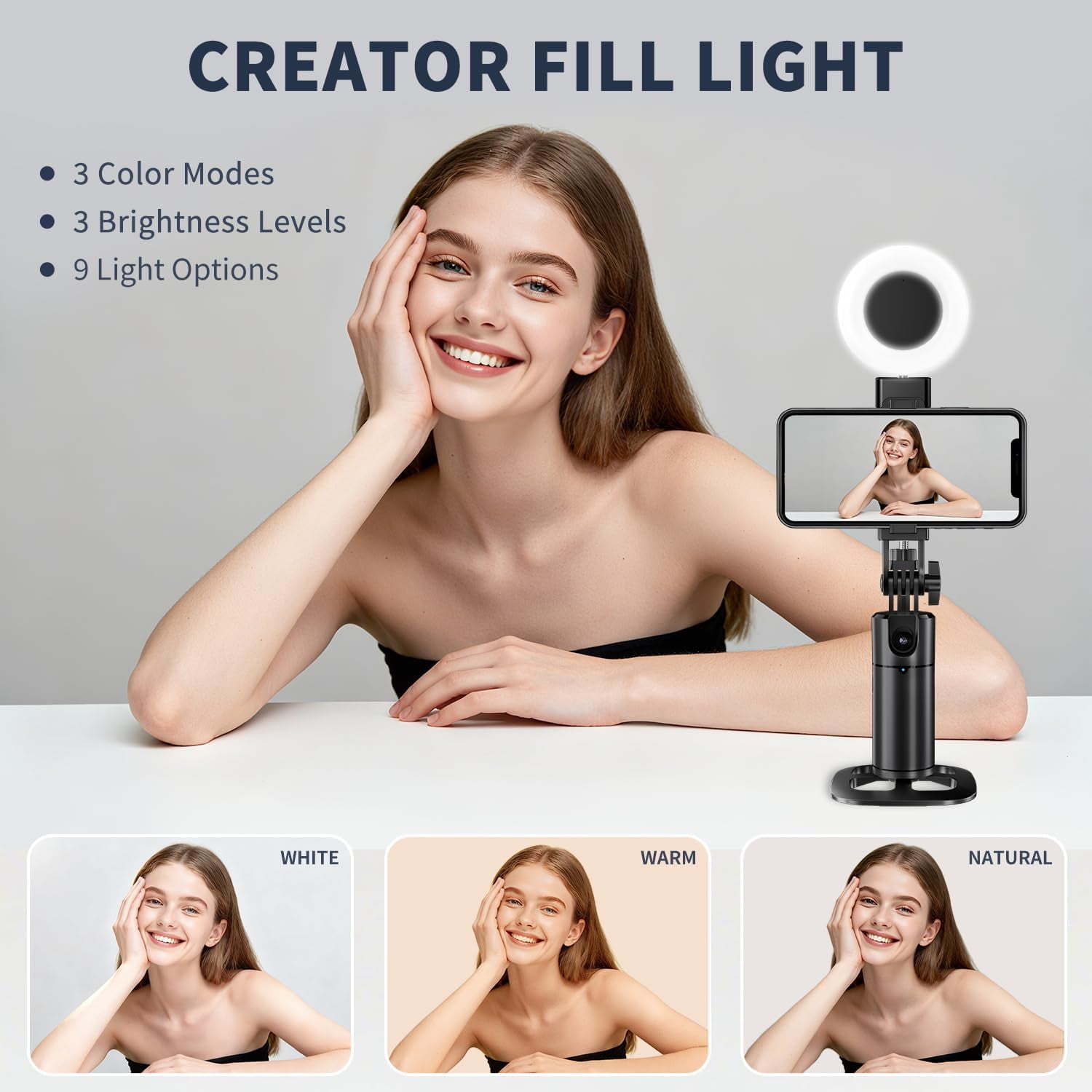Auto Face Tracking Tripod 360 Rotation iPhone Desk Stand. Cell Phone Photo Vlogging Kit with Remote & Gesture Control. Rechargeable Smart Shooting Selfie Fill Light Stand for Live Record No App