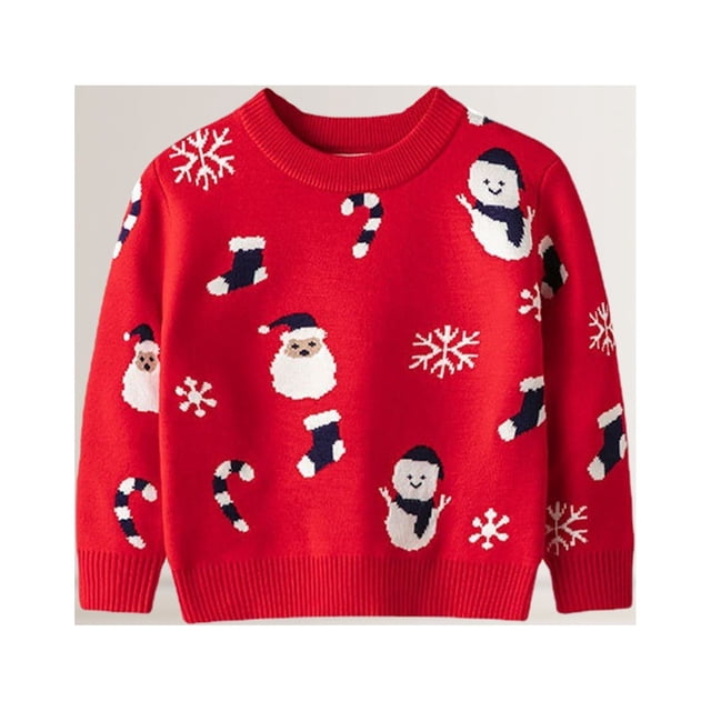 suéter de punto niños dibujos animados puentes básicos estilo navideño invierno grueso suéter traje diario Suéter rojo de punto infantil, vista frontal centrada con corte holgado, cuello redondo y mangas largas; patrón tejido de Papá Noel, muñeco de nieve, bastones de caramelo y copos de nieve en blanco y azul marino; dobladillo y puños acanalados; tejido grueso 100% poliéster, ideal para celebraciones navideñas y uso diario; talla según guía de pecho/largo/manga.