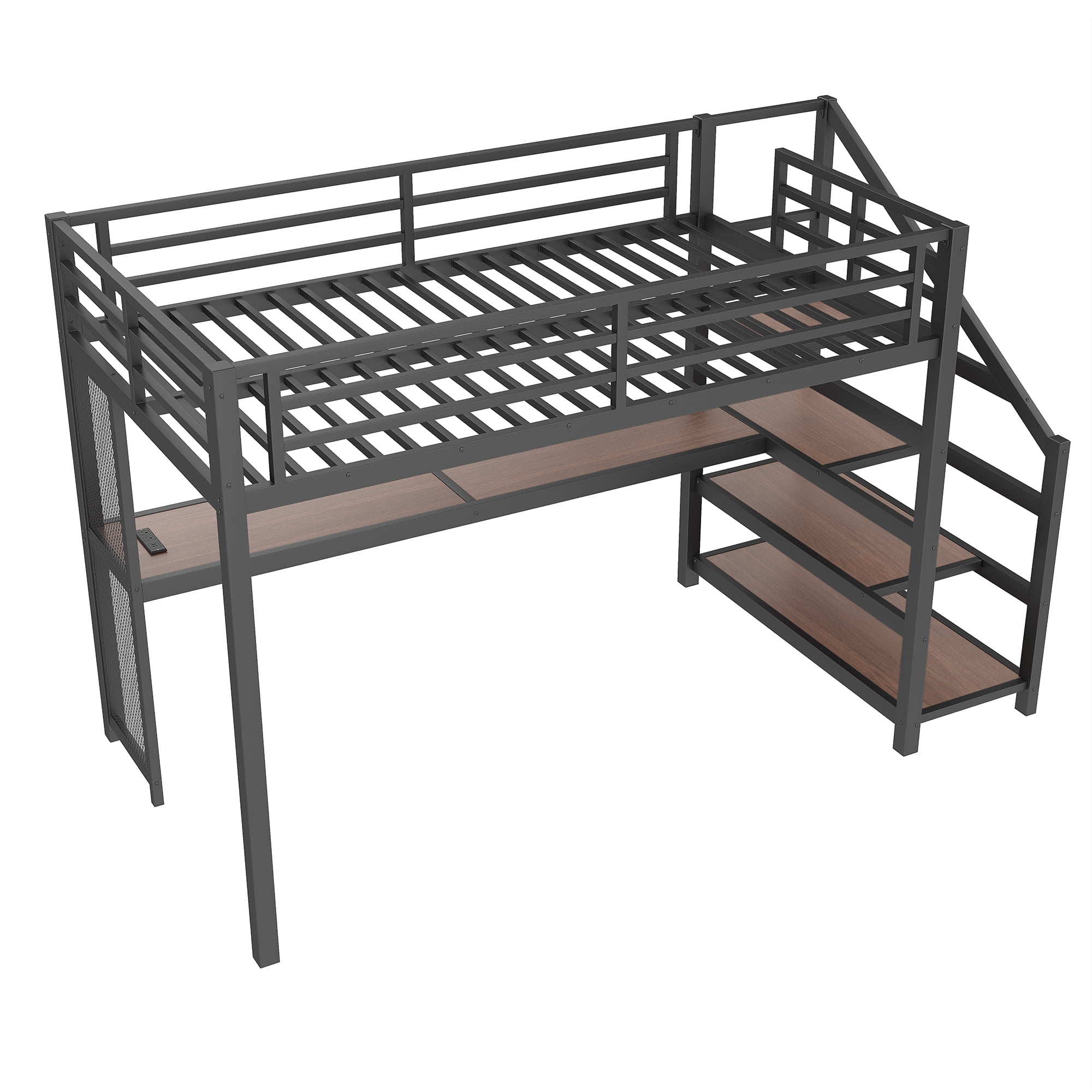 Mintazer Twin XL Loft Bed with Desk & Storage Stairs, Metal Bed Frame with LED Lights & USB Ports for Bedroom Dorm, Black