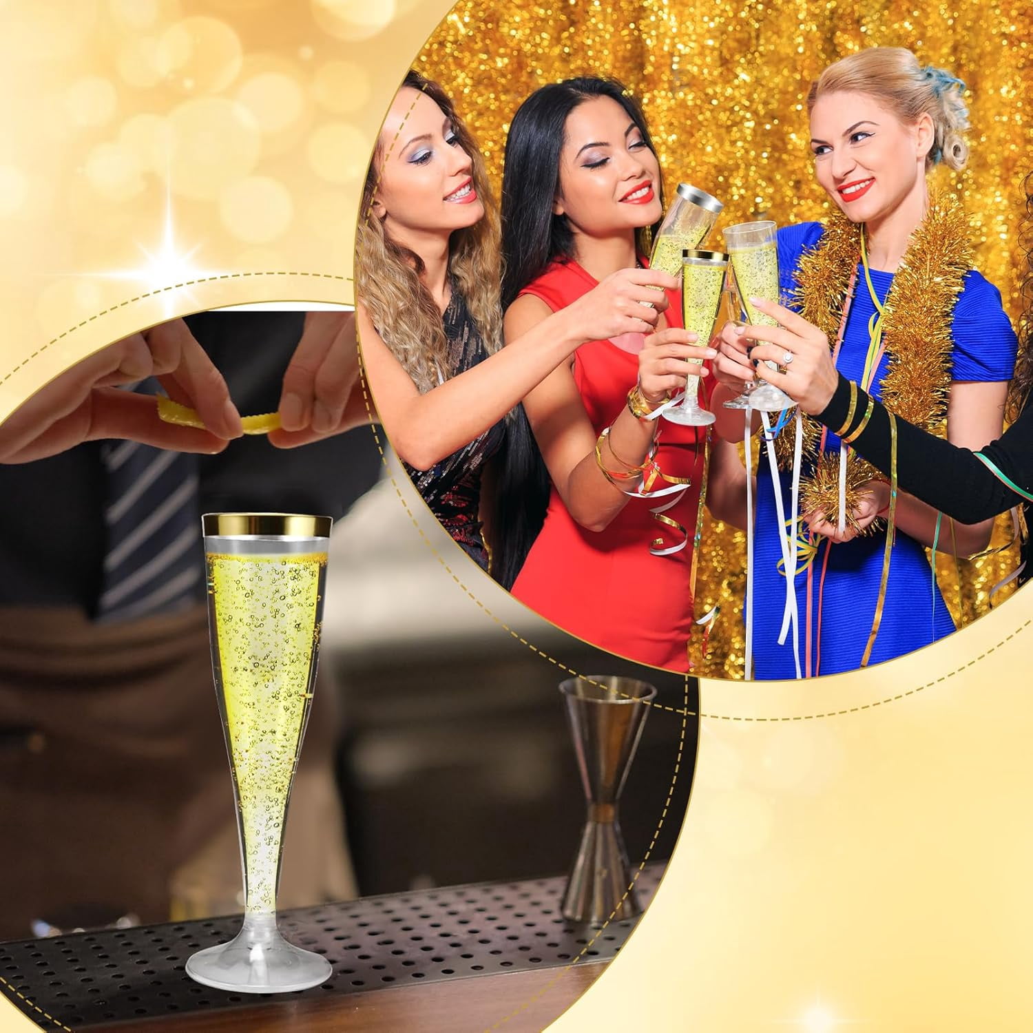 100 Pack Plastic Champagne Flutes,4.5 oz Gold Rim Plastic Champagne Glasses,Clear Disposable Champagne Flute,Disposable Toasting Glasses for Parties, Weddings