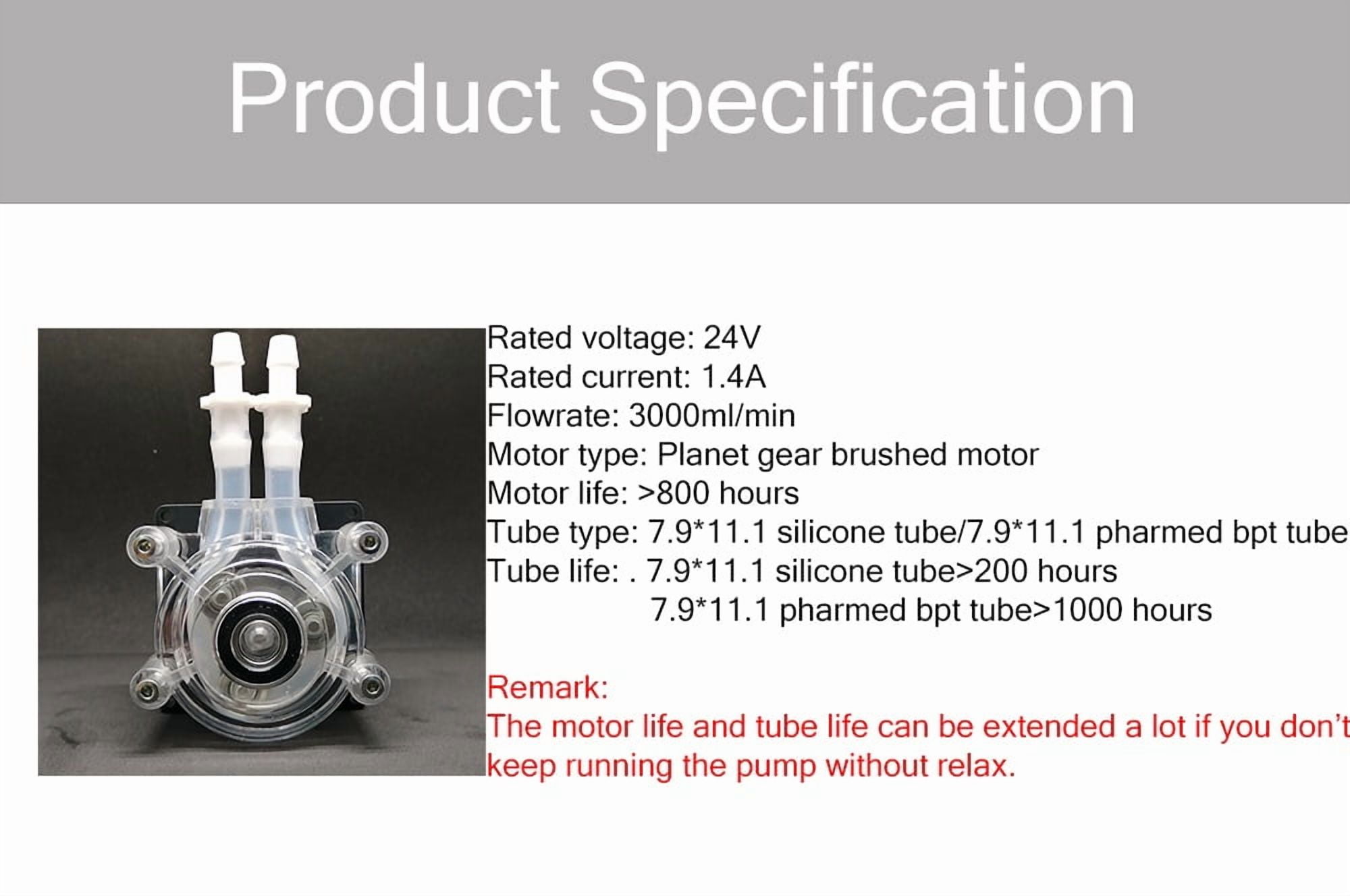 Peristaltic Pump DC 12V/24V 3000ml/min  Dosing Pump For Vacuum Aquarium Lab Analytical Big Flowrate ,Easy to Use - PHARMED BPT TUBE_RATED VOLTAGE 24V