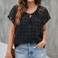 thumbnail image 2 of Womens Chiffon Blouse Swiss Dot Casual V-Neck Tie Puff Short Sleeve Pom Pom Shirts Loose Fit Summer Tops Tunics, 2 of 8