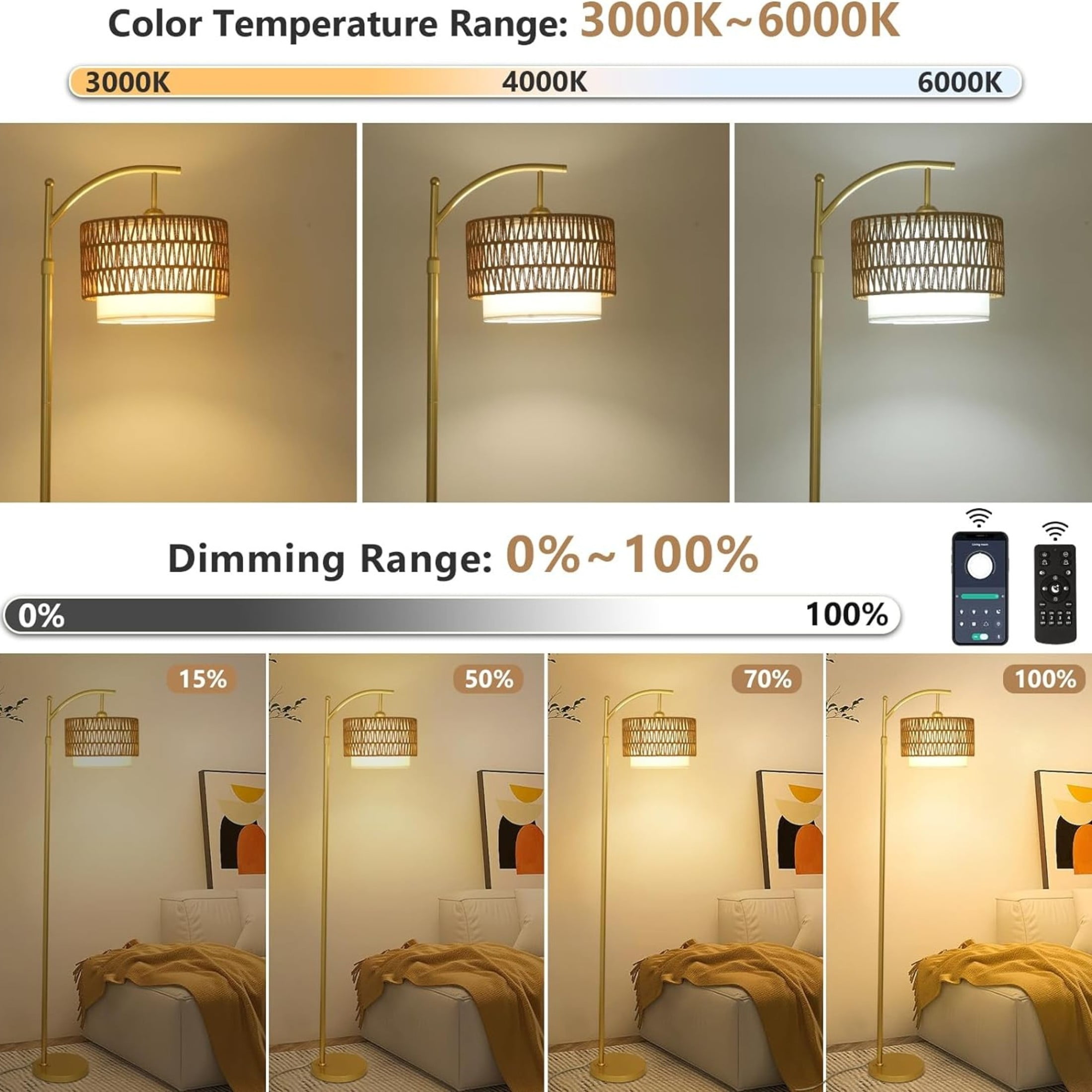 Noble House Modern Rattan Floor Lamp, Remote Dimmable, Adjustable Tall & Color Temperatures, Straight Drum Shade, Gold