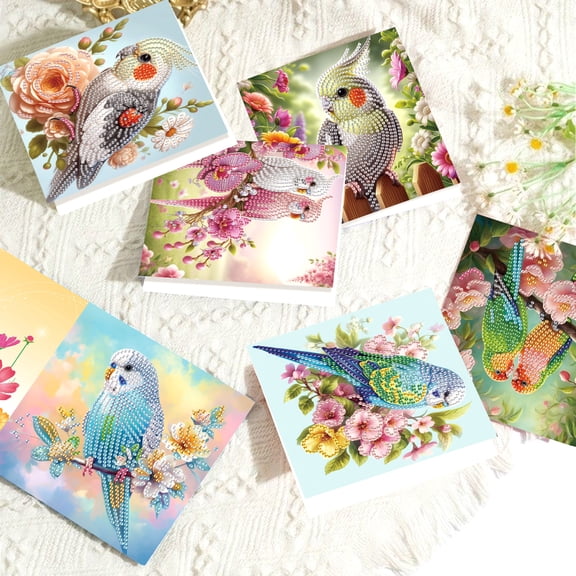 8 pcs Diamond Art Painted Greeting Card, Colorful Flower Birdie 5D DIY Special Shape Diamond Card Creative Gift, Christmas Thanksgiving Greeting Card Congratulation