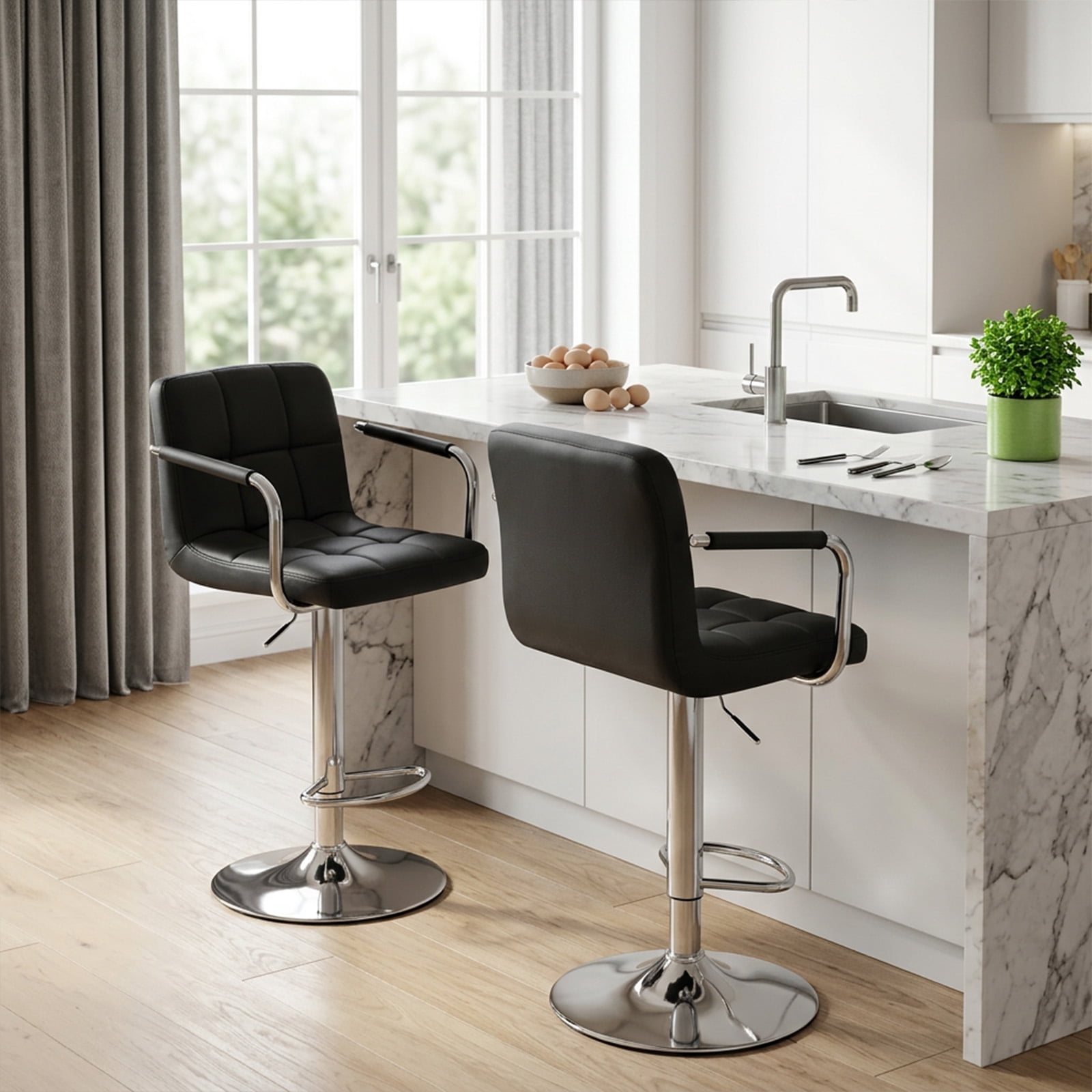 edx Bar Stools Set of 2 with PU Leather, Swivel High Back Bar Stools with Handles for Kitchen Island, Gray