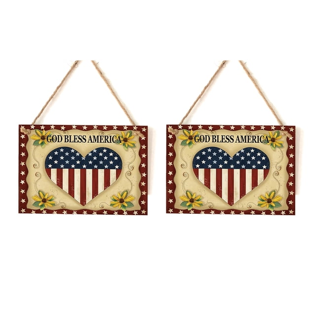 Paquete de 2 placas rectangulares del 4 de julio de América, decoración de diseño de tema artesanal, placas colgantes de pared con patrón de bandera de corazón Inevent HA011989-00