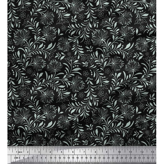 Soimoi Black Cotton Cambric Fabric Artistic Leaf & Floral Decor Fabric Printed Yard 42 Inch Wide