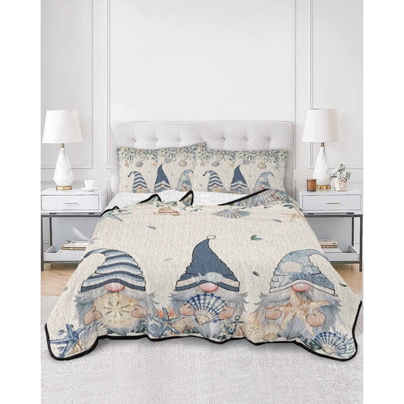 Quilts Queen Size, Blue Gnomes Coastal Soft Comforter Bedding Set for Bed, Summer Beach Eucalyptus Leaves Rustic Lightweight Quilted Bedspread with Pillow Cover(2 Pieces) for All Season, 90x96 Inch