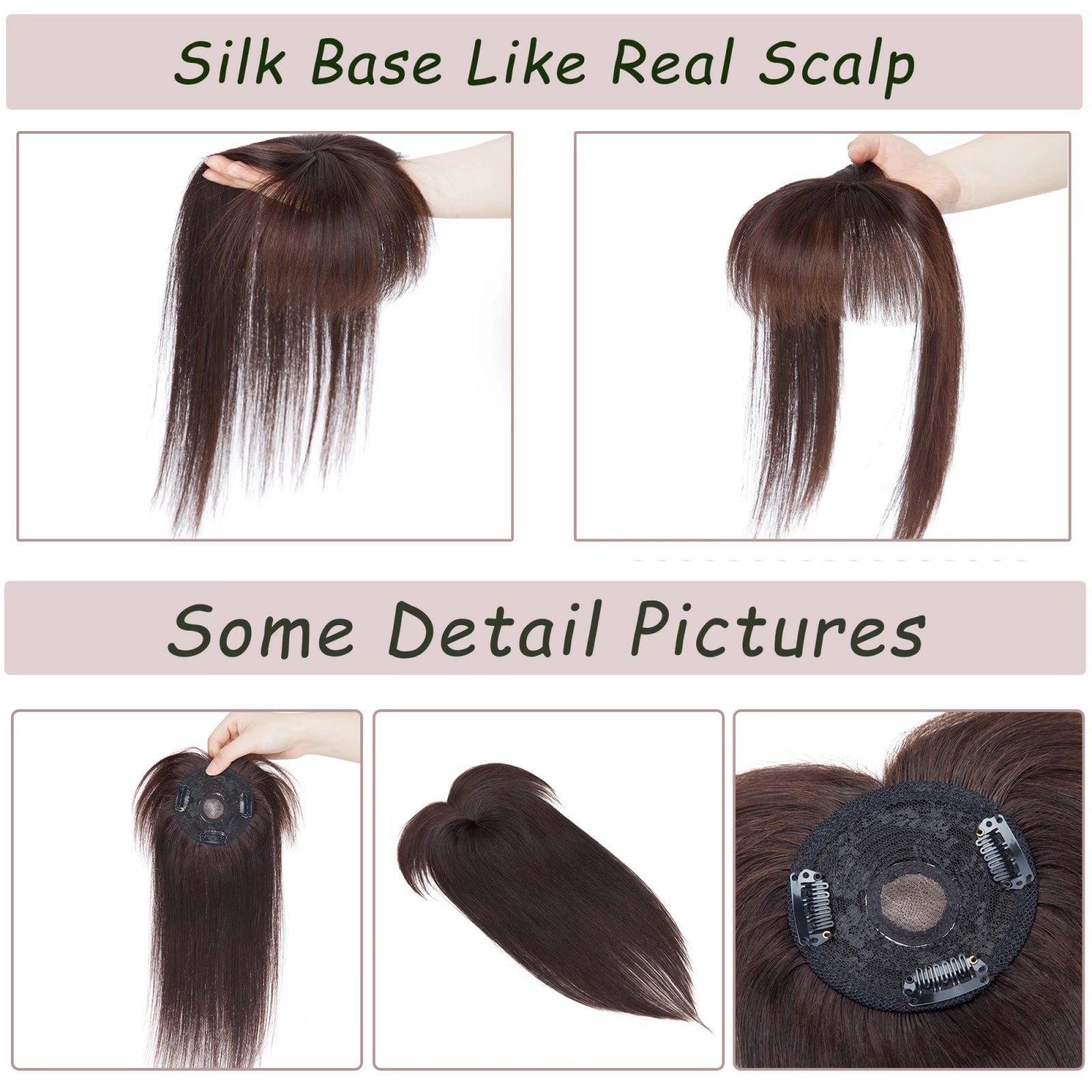 MY-LADY Hair Toppers for Women Real Human Hair with Bangs 3 Clip In Remy Topper Hairpiece for Thin Hair Natural Looking Hair Extensions 14inch #02 Dark Brown