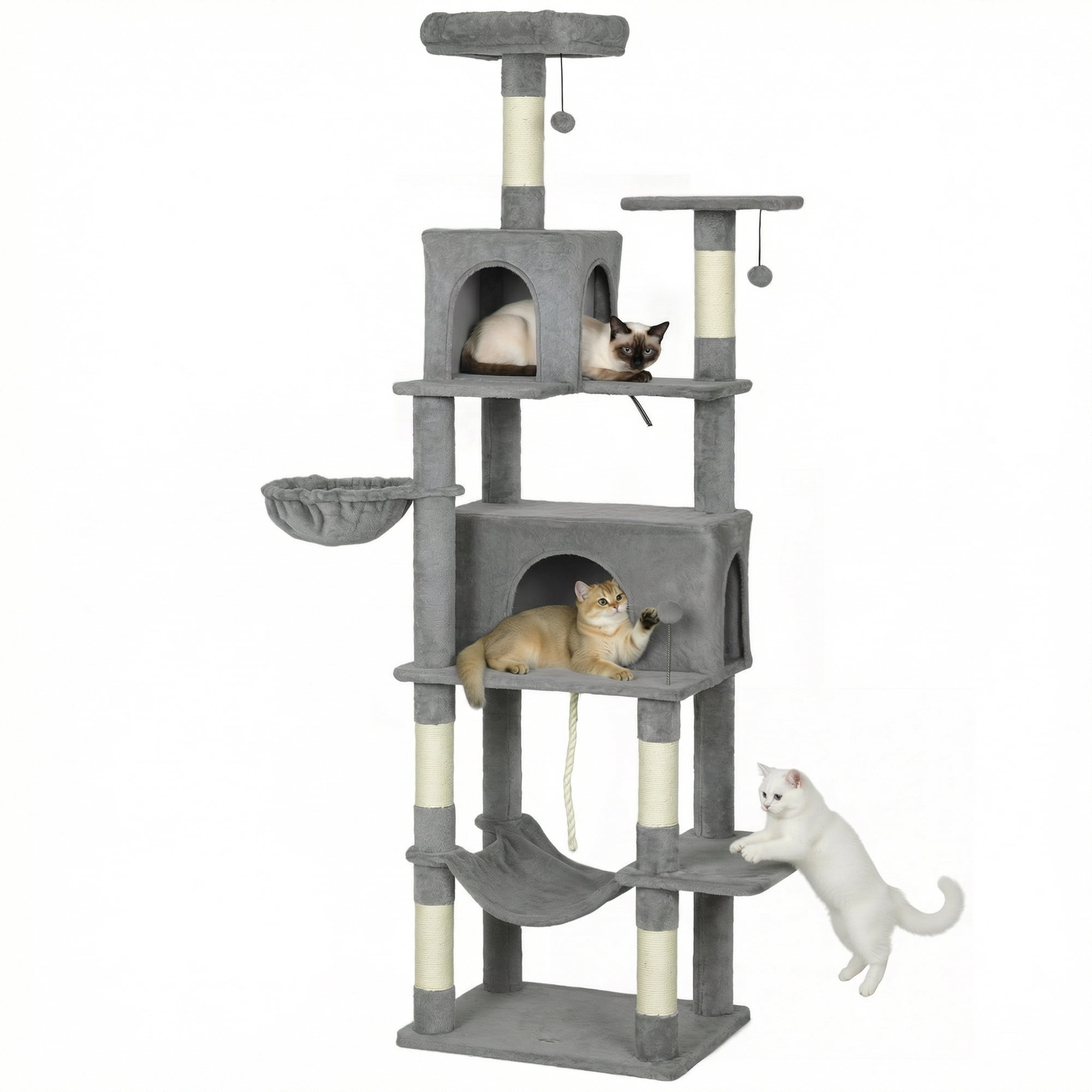PawHut Large Cat Tower with 2 Condos, 80" Multi-Level Cat Tree with Hammock and Sisal Scratching Posts for Multiple Indoor Cats, Dark Gray