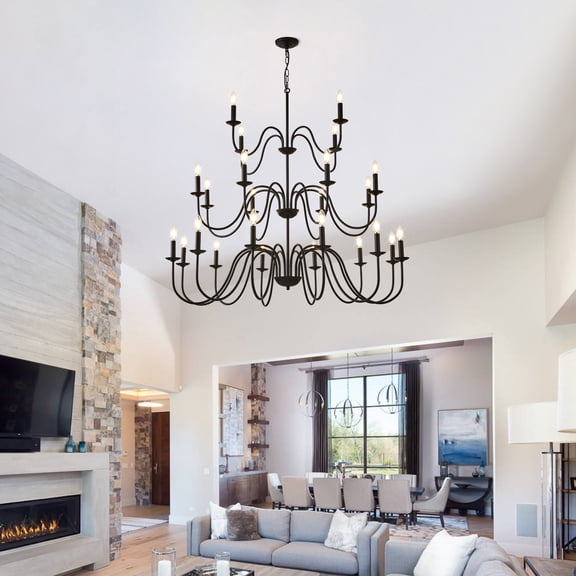 GDF Studio Large Farmhouse Chandelier, 24-Light Metal Wagon Wheel Ceiling Light, Adjustable Height, Black
