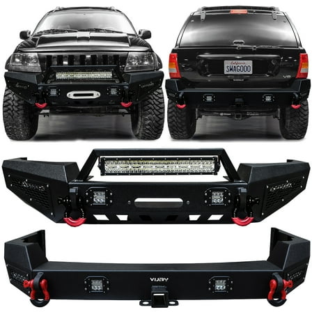 Vijay Compatible with 1999-2000-2001-2002-2003-2004 Jeep Grand Cherokee WJ Front and Rear Bumper Textured Black Steel with Light and D-ring