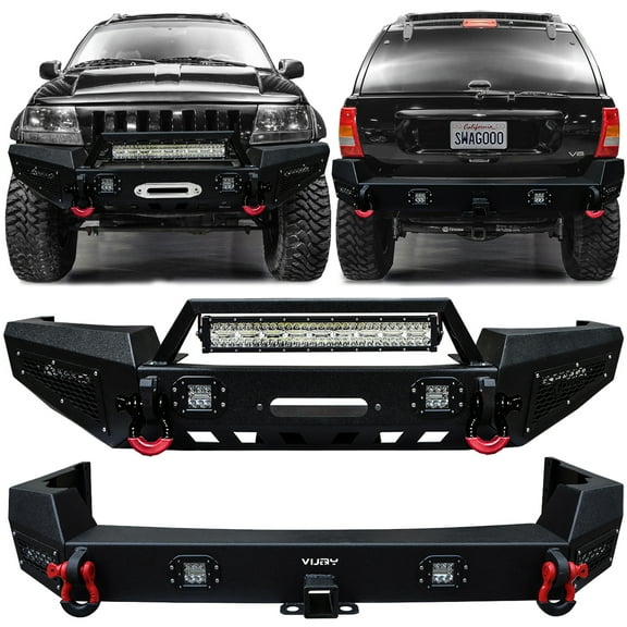Vijay Compatible with 1999-2000-2001-2002-2003-2004 Jeep Grand Cherokee WJ Front and Rear Bumper Textured Black Steel with Light and D-ring