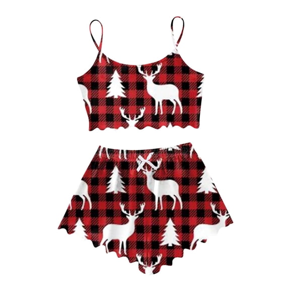 Women Christmas Outfit Women's Festive Reindeer Print Sleepwear Set Sleeveless V-Neck Top and Shorts Comfortable Nightwear Outfit Pink S