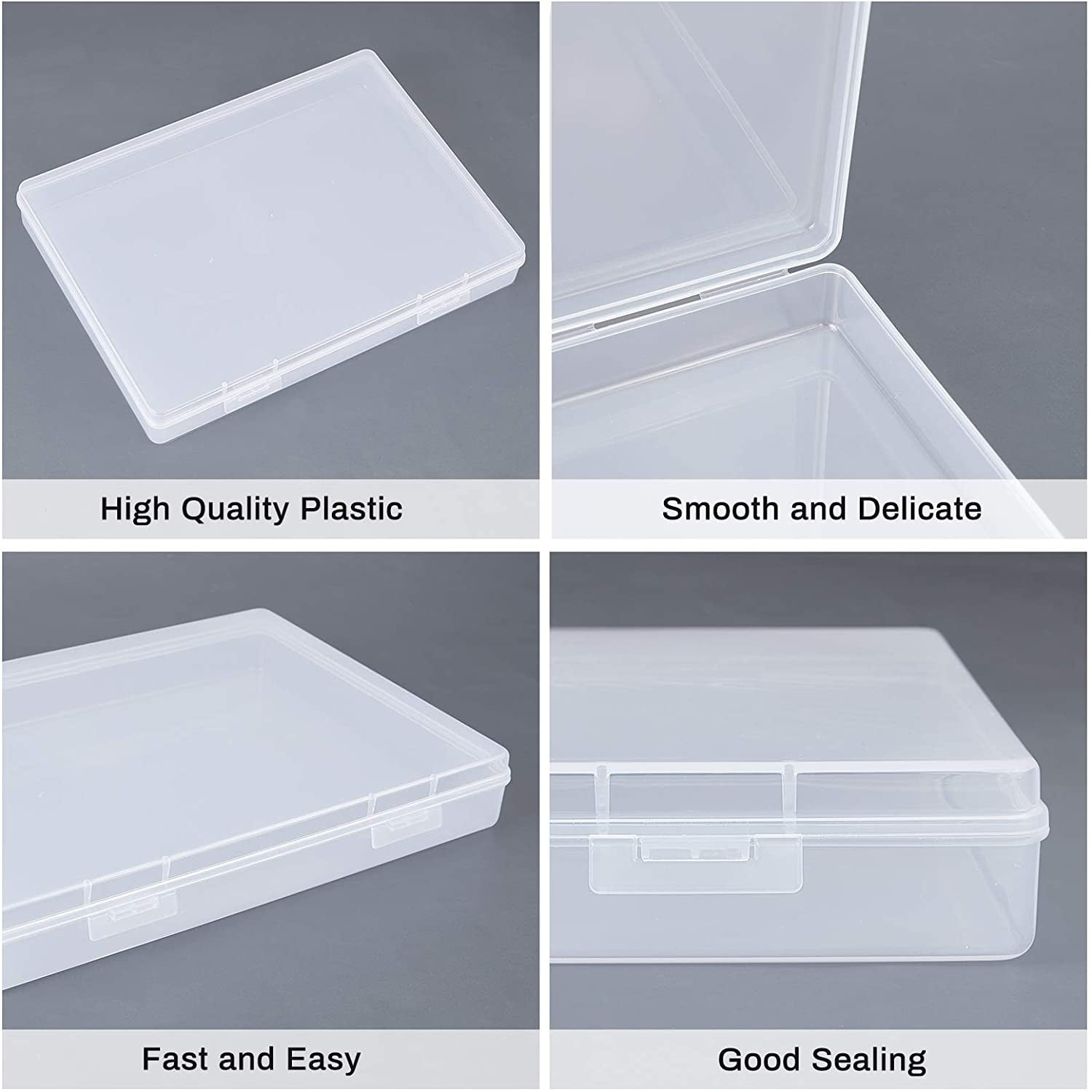 4 Pack 8.8x6.5x1.2 Large Rectangle Clear Plastic Storage Containers Large Box Case with Double Buckles for Cards Pens Beads and Jewelry Findings DIY