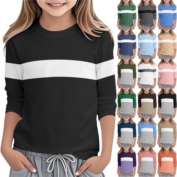 AJTQTH Girls Casual 3/4 Sleeve T Shirts Kids Striped Color Block Printed Cute Crewneck Tops Spring Fashion Basic Athletic Tees Soft Tunic Blouse Light Blue#01 4-5 Years