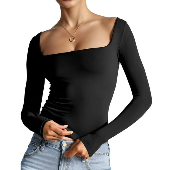 Weardear Women's Sexy Long Sleeve Crop Top Square Neck Double Lined Basic Slim Fit T Shirt