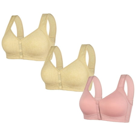Ashirexll 3PC Bras for Women Pack Front Closure Plus Size Wireless Breathable Comfortable Soft Gathering Posture Support Bra Middle-Aged and Elderly Bra Pink D 3XL