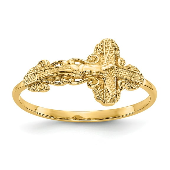 14K Yellow Gold Ring Band Themed Diamond-Cut Crucifix