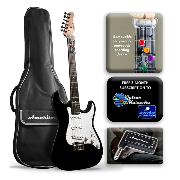 Ameritone “Learn to Play” Double Cutaway Black Electric Guitar with Play-A-Tab Chord Former, Headphone Amp, Gig Bag and 3-Month Lesson Subscription
