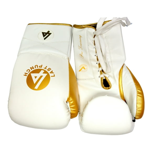 Last Punch 13904 12 oz Pro Style Adult Training Sparring Boxing Gloves - White & Gold