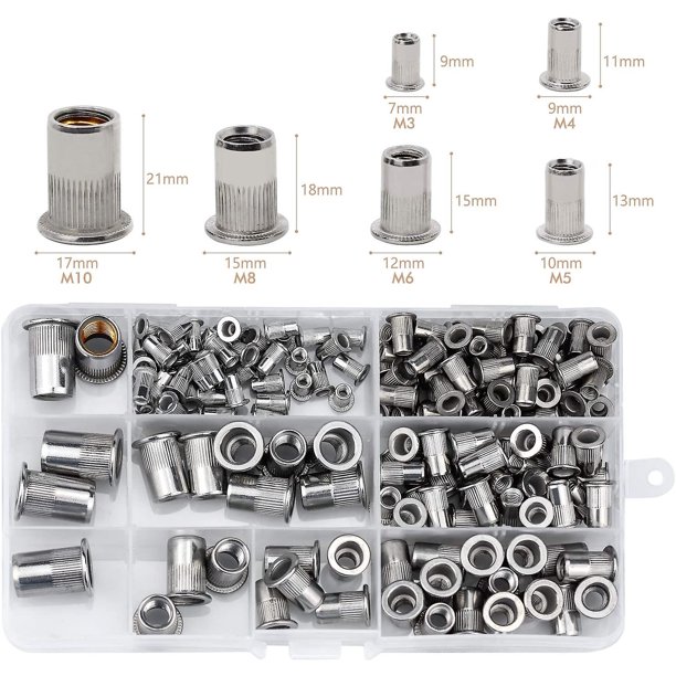 Paquete de 165 tuercas de remache de acero inoxidable, herramienta de tuerca con cabeza roscada plana, kit surtido de tapas de tuercas M3 M4 M5 M6 M8 M10, accesorio de herramienta de reparac