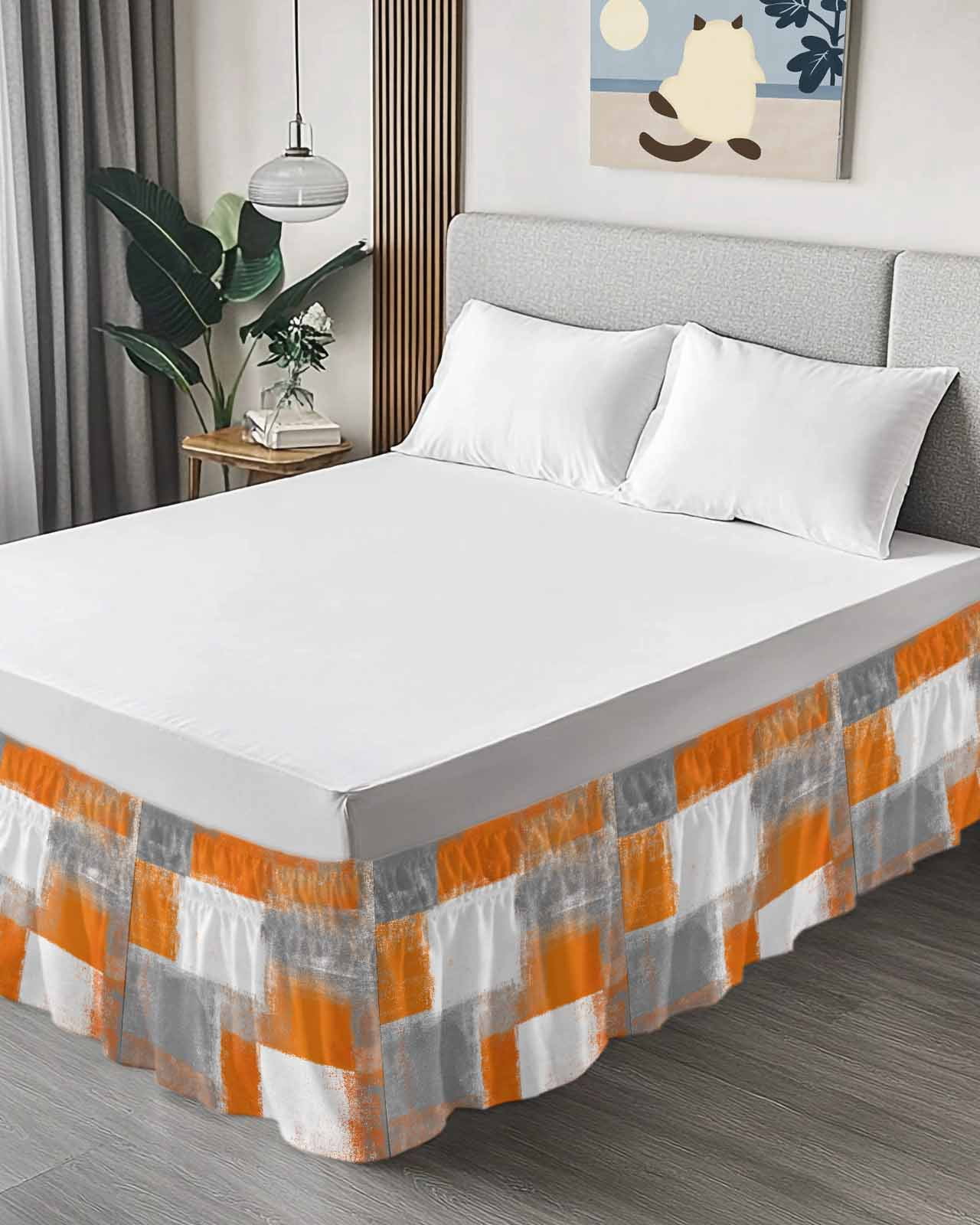 Orange Grey White Modern Wrap Around Bed Skirts for King Bed 16" Drop,Bed Skirt with Adjustable Elastic Belt Dust Ruffle Bed Valance for Bedroom Hotel Luxury Abstract Art Oil Painting Bed Frame Cover