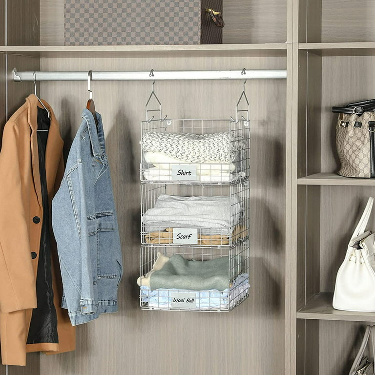 3 Tier Foldable Closet Hanging Organizer with Name Plate, Clothes Hanging Shelves with 5 S Hooks, Wall Mount&Cabinet Wire Storage, Size: 1 x 2 x 3