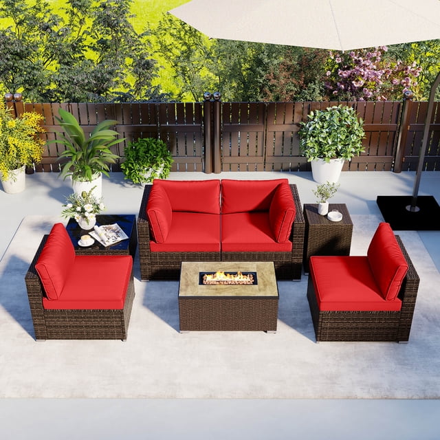 Costway 7 Pieces Outdoor Furniture Set with 32" Fire Pit Table and Propane Tank Cover Red