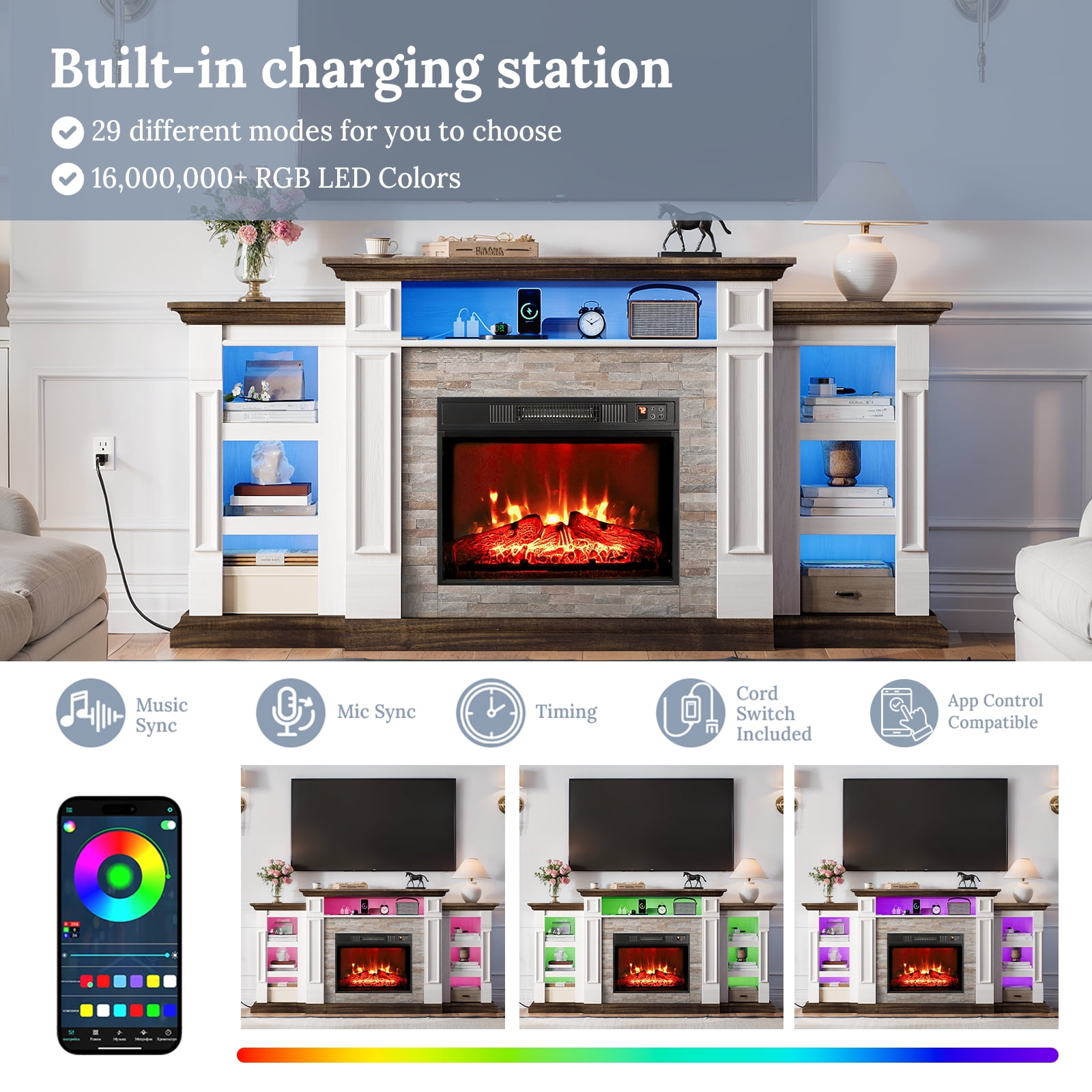 Holliwill 72" TV Stand for TVs up to 80" with Charging Station & LED Light, Electric Fireplace with Mantel, Entertainment Center with 23" Electric Heater, White Brown