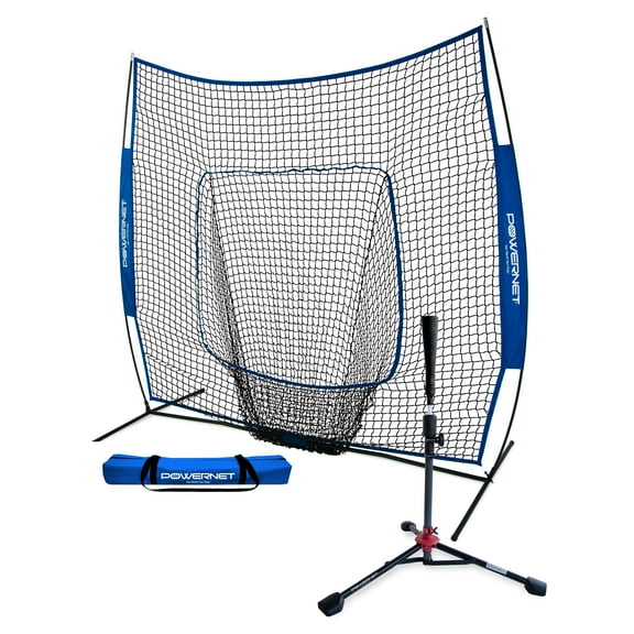 PowerNet 7x7 Baseball Softball Net and Tee Bundle | Durable Construction | Solo Batting Practice for Improved Hitting