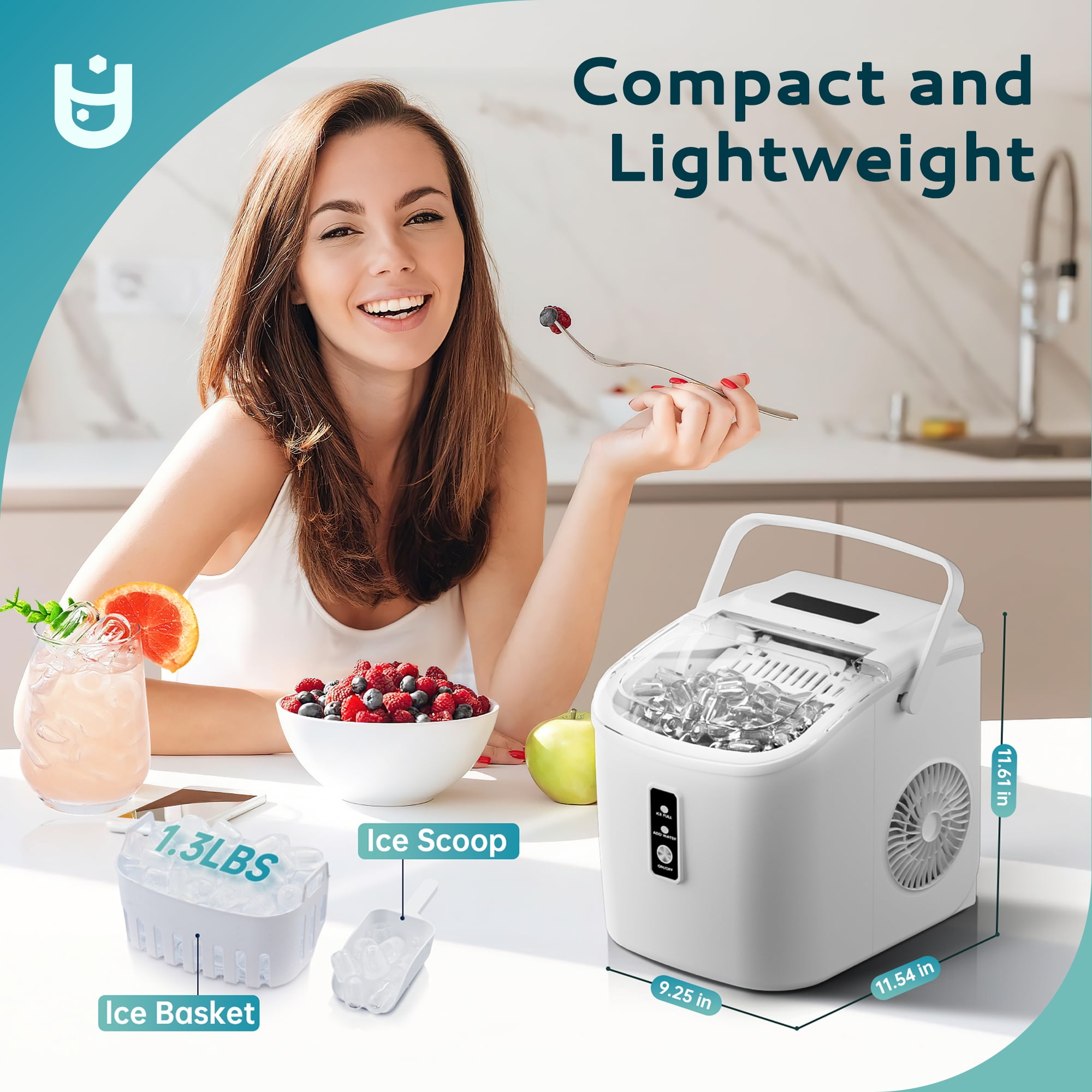 EUHOMY Countertop Ice Maker 26 lbs/Day Portable Self-Cleaning, 9 Bullet Ice in 6 Min, White