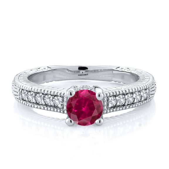 Gem Stone King 925 Sterling Silver Red Created Ruby and White Created Sapphire Women's Solitaire Ring with Accent Stones (0.75 Cttw, Round Shape 5MM, Size 9)