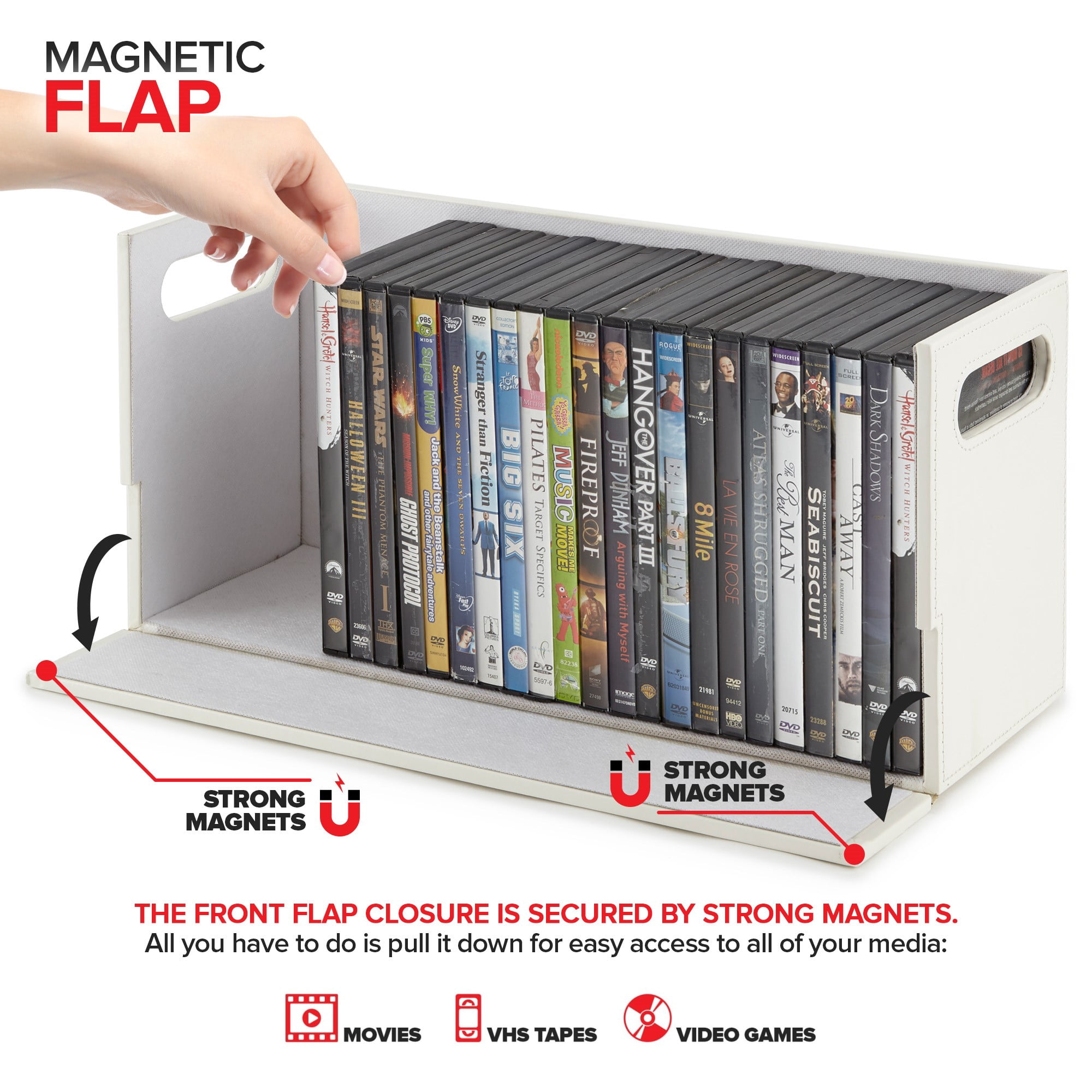 Stock Your Home DVD Storage Box, Movie Shelf Organizer for Blu-Ray, Video Game Cases, CDs, VHS Tape Display Stand, Disc Holder Can Store Up to 28 DVDs, Faux Leather (White)