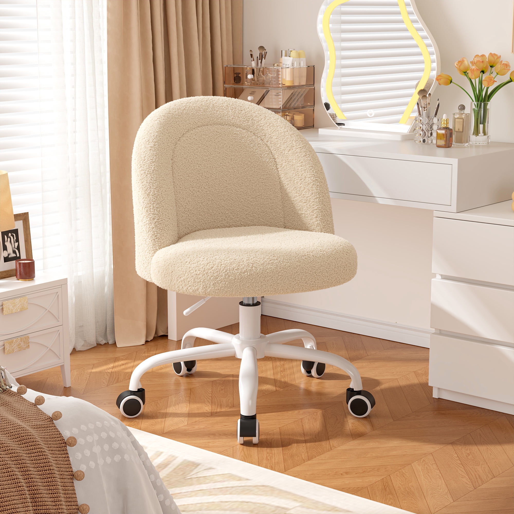 Romorgniz Vanity Chair Height Adjustable Desk Chair with Wheels, Armless Office Chair with Soft Lumbar Support for Small Space, Bedroom, Home office, Cream