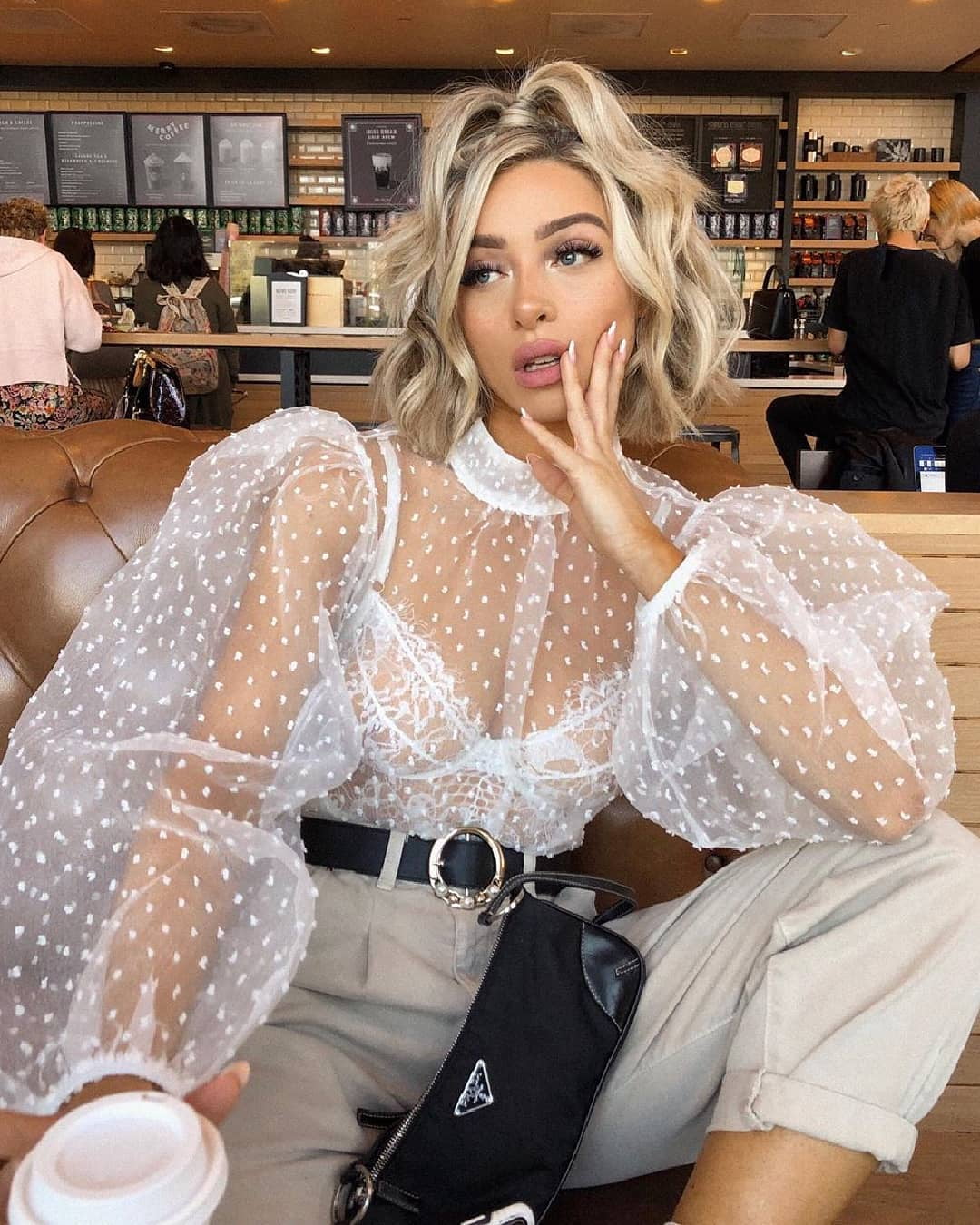 white sheer puff sleeve top