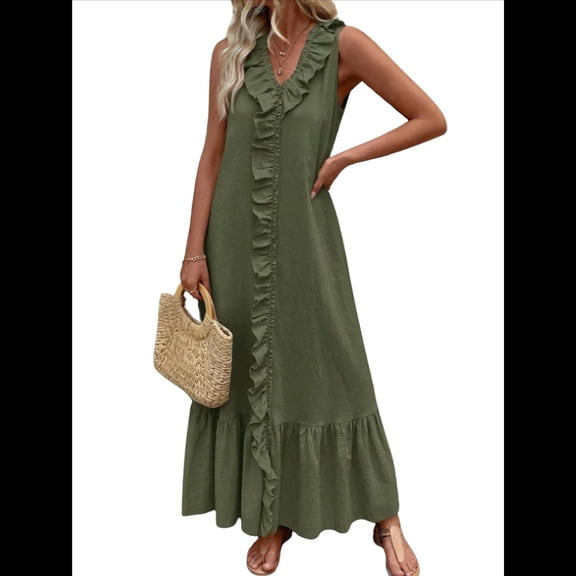 Vestido de Verano para Mujer, de Algodón, Estilo Bohemio, de , Sin Mangas, con Volantes Escalonados, Maxivestido . Verde S